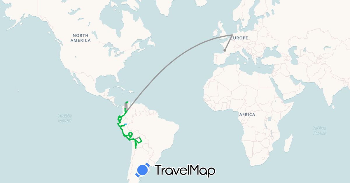 TravelMap itinerary: driving, bus, plane, hiking, boat in Bolivia, Colombia, Ecuador, France, Netherlands, Peru (Europe, South America)